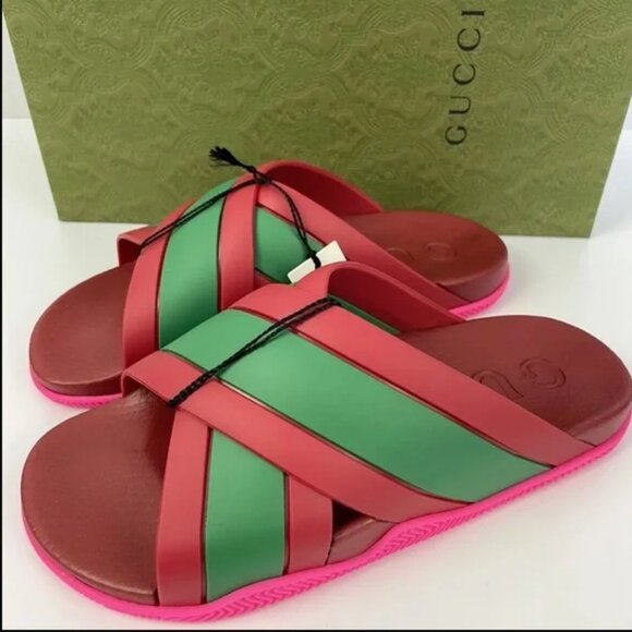 GUCCI 627820 Web Stripe Slide Sandal Coral Pink Green Red Women’s - Picture 1 of 5